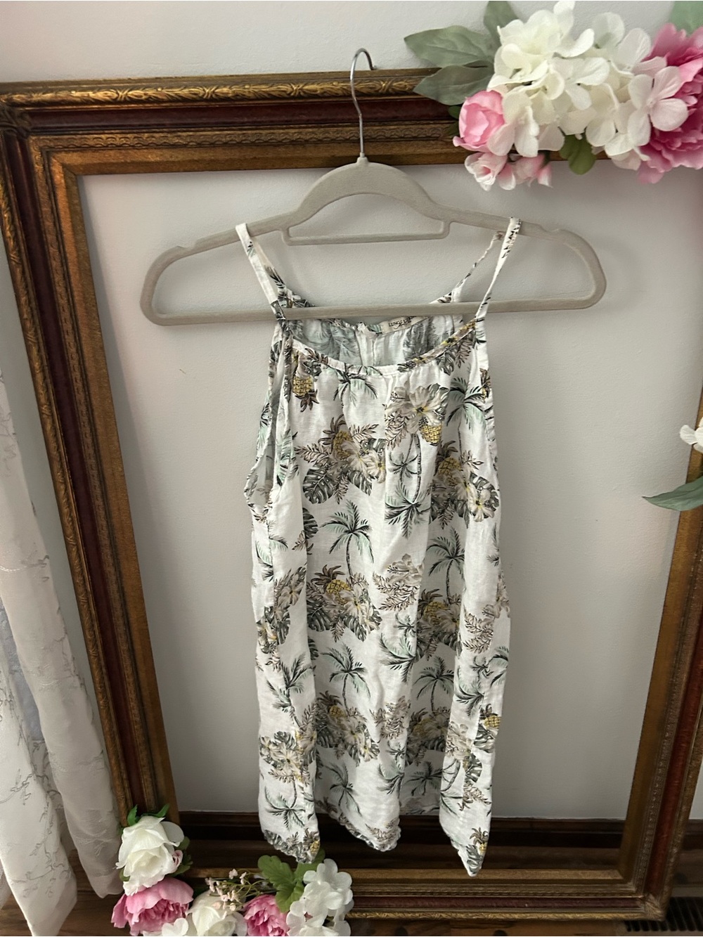Lungo L’ardo LinenTropical Print Slip Dress - White/Green